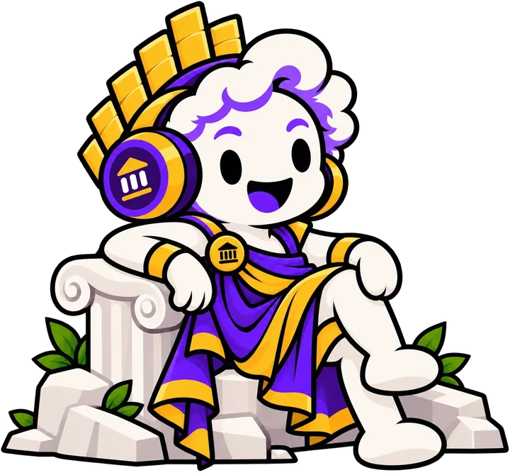 Muse, Pantheon's mascot, lounging on a marble column in a violet and gold toga with headphones on